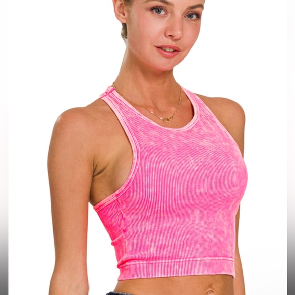 ZENANA PADDED WASHED RIBBED SEAMLESS HIGH-NECK CROPPED TANK TOP WITH BRA PADS - Picture 1 of 3